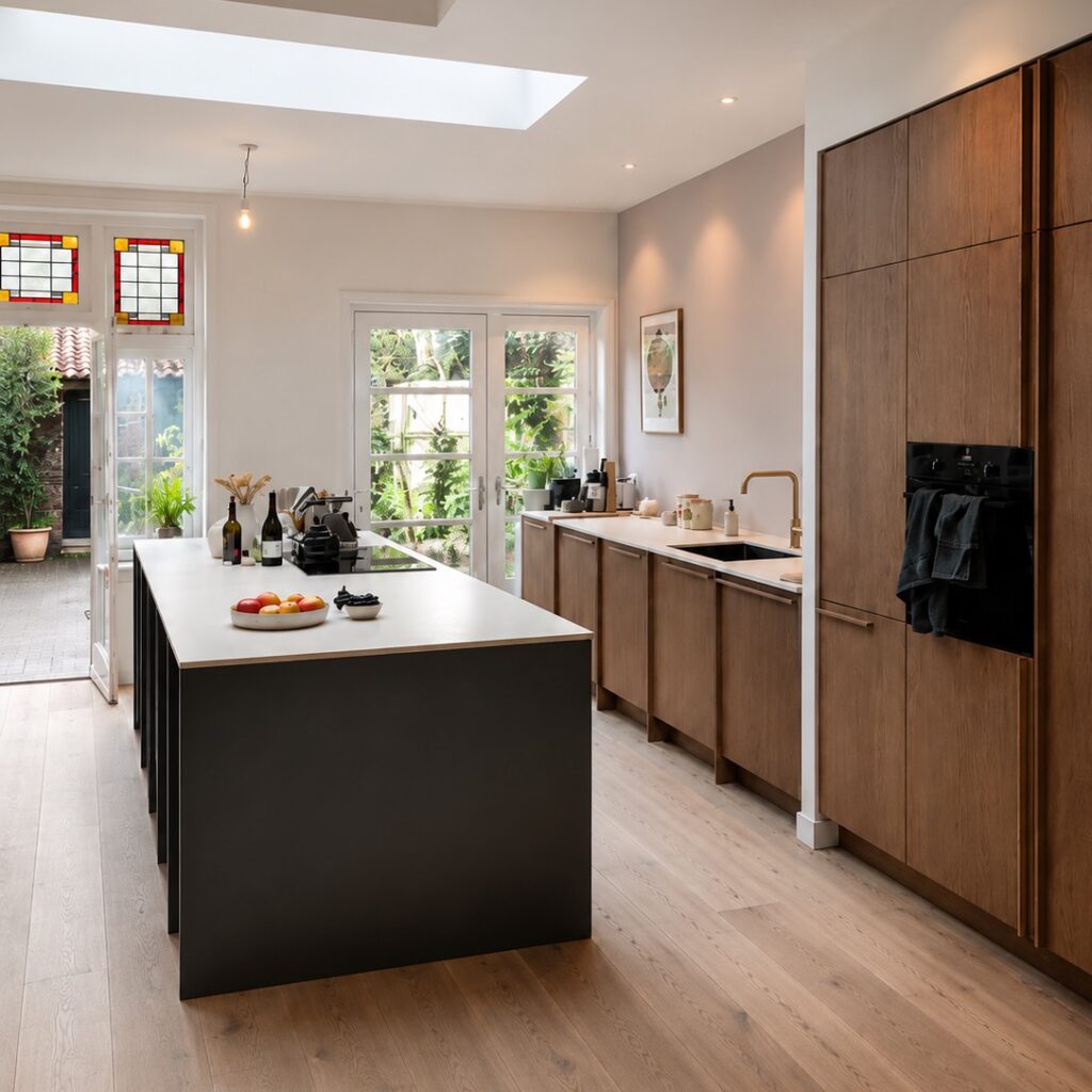 Design keuken renovatie in Bloemendaal met houten maatwerkkasten, kookeiland en natuurlijke lichtinval