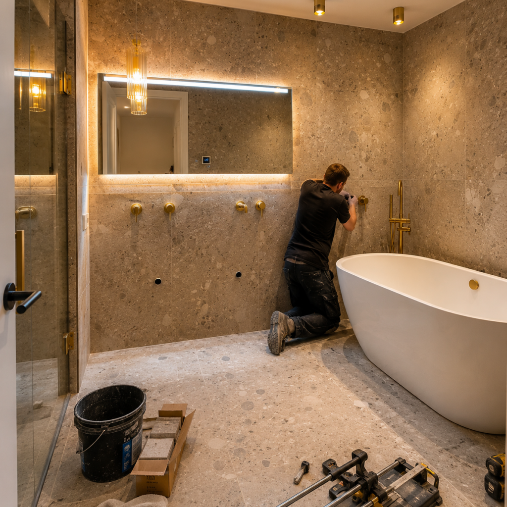Luxe badkamer renovatie in Heemstede met natuursteen tegels, vrijstaand bad en maatwerk afwerking door Bout Bouwt