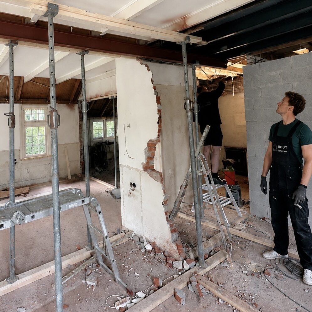 Bout Bouwt medewerker tijdens totaalrenovatie van een woning in Overveen met staalconstructie, sloopwerk en constructieve verbouwing.